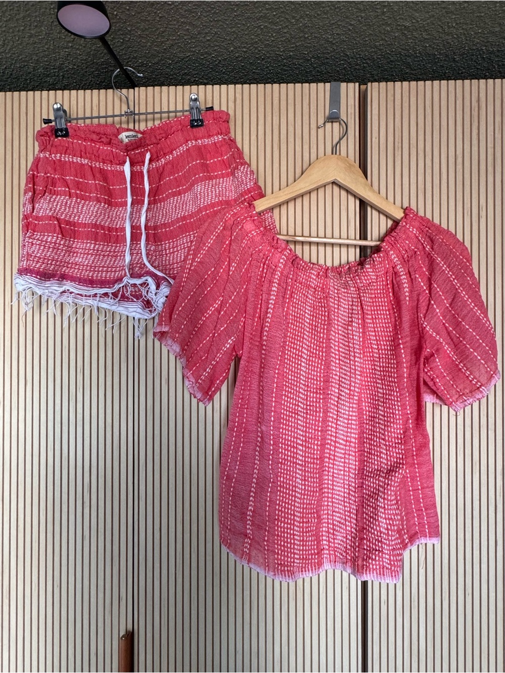 Lemlem Coral Pink Handwoven Off-Shoulder Top and Matching Short